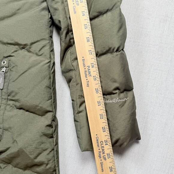 Eddie Bauer Long Puffer Down Coat Quilted Olive Green Nylon Blend Size L - Picture 7 of 9